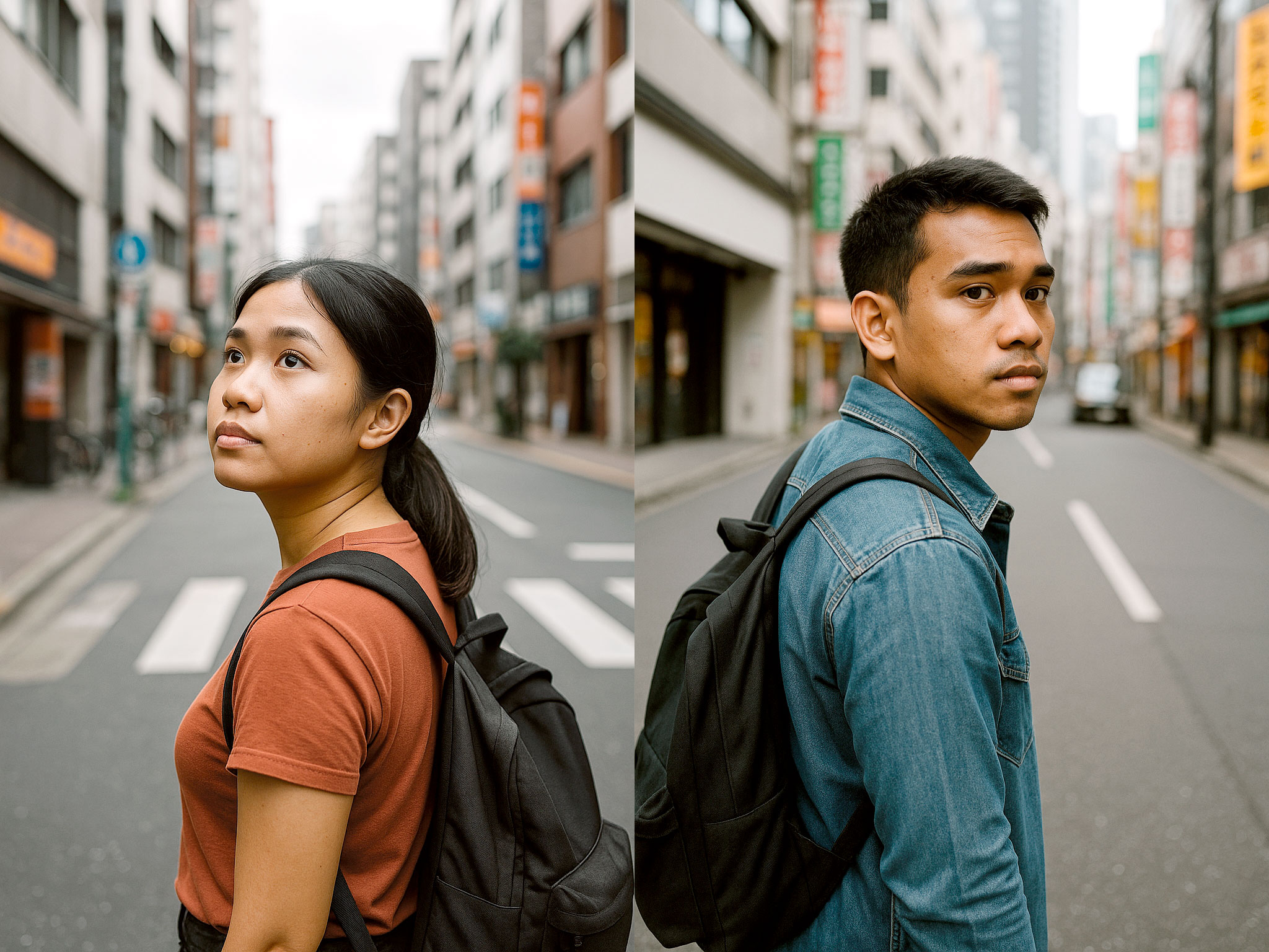 日本の街に佇むインドネシア人青年男女