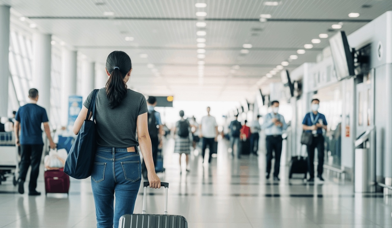 空港をスーツケースを引いて歩く女性