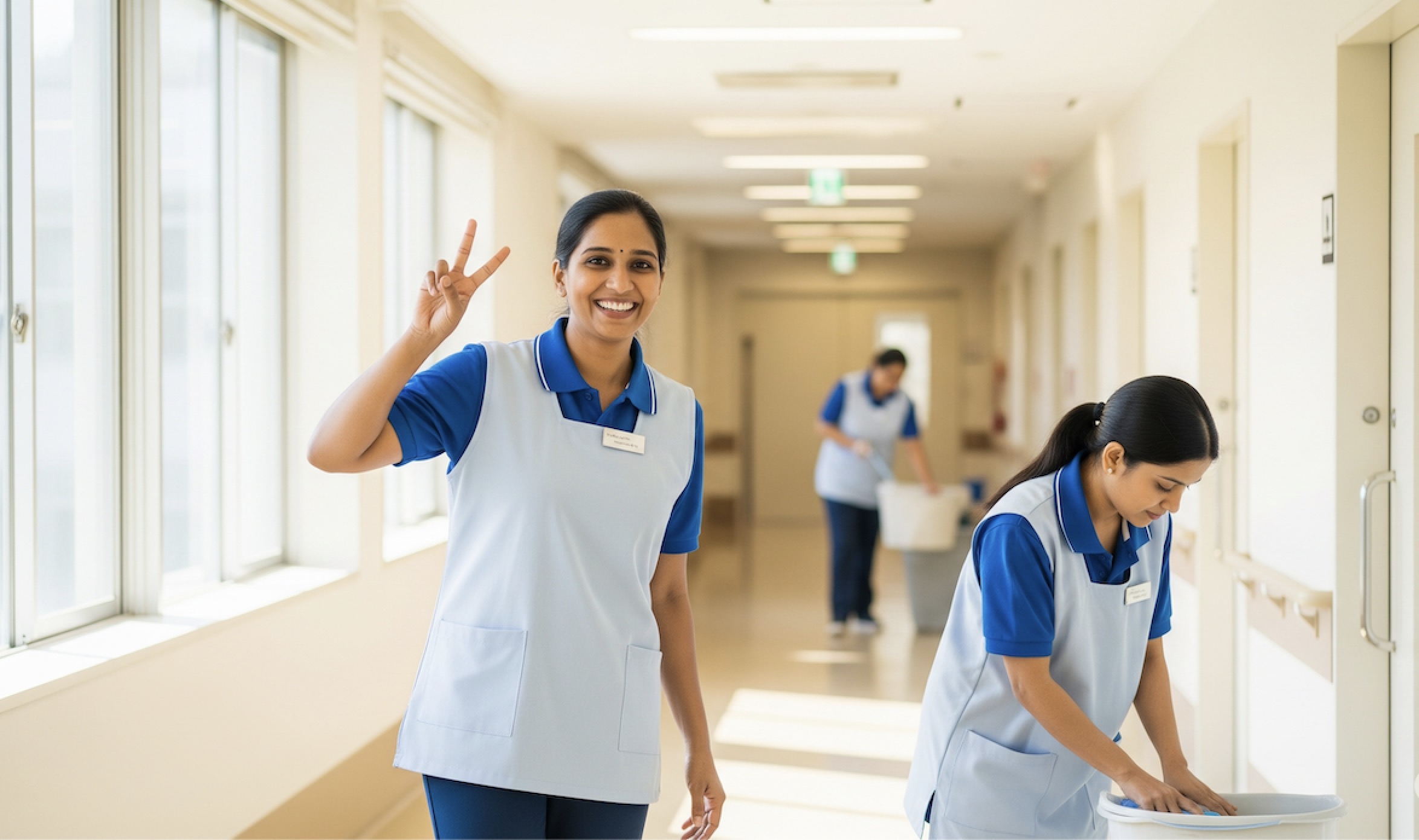 日本の病院の廊下で清掃に従事するインド人女性たち