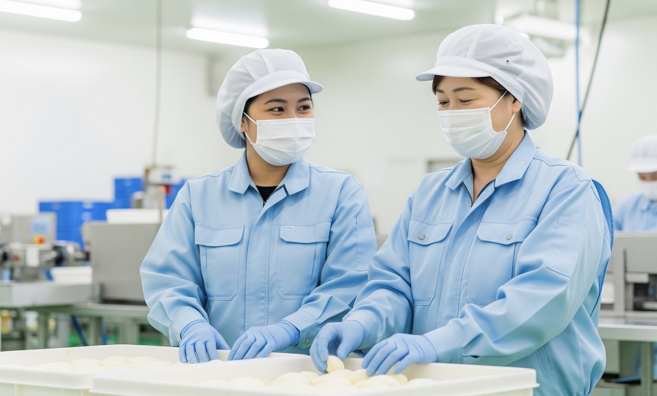 食品工場生産ラインで作業するフィリピン人女性と日本人女性