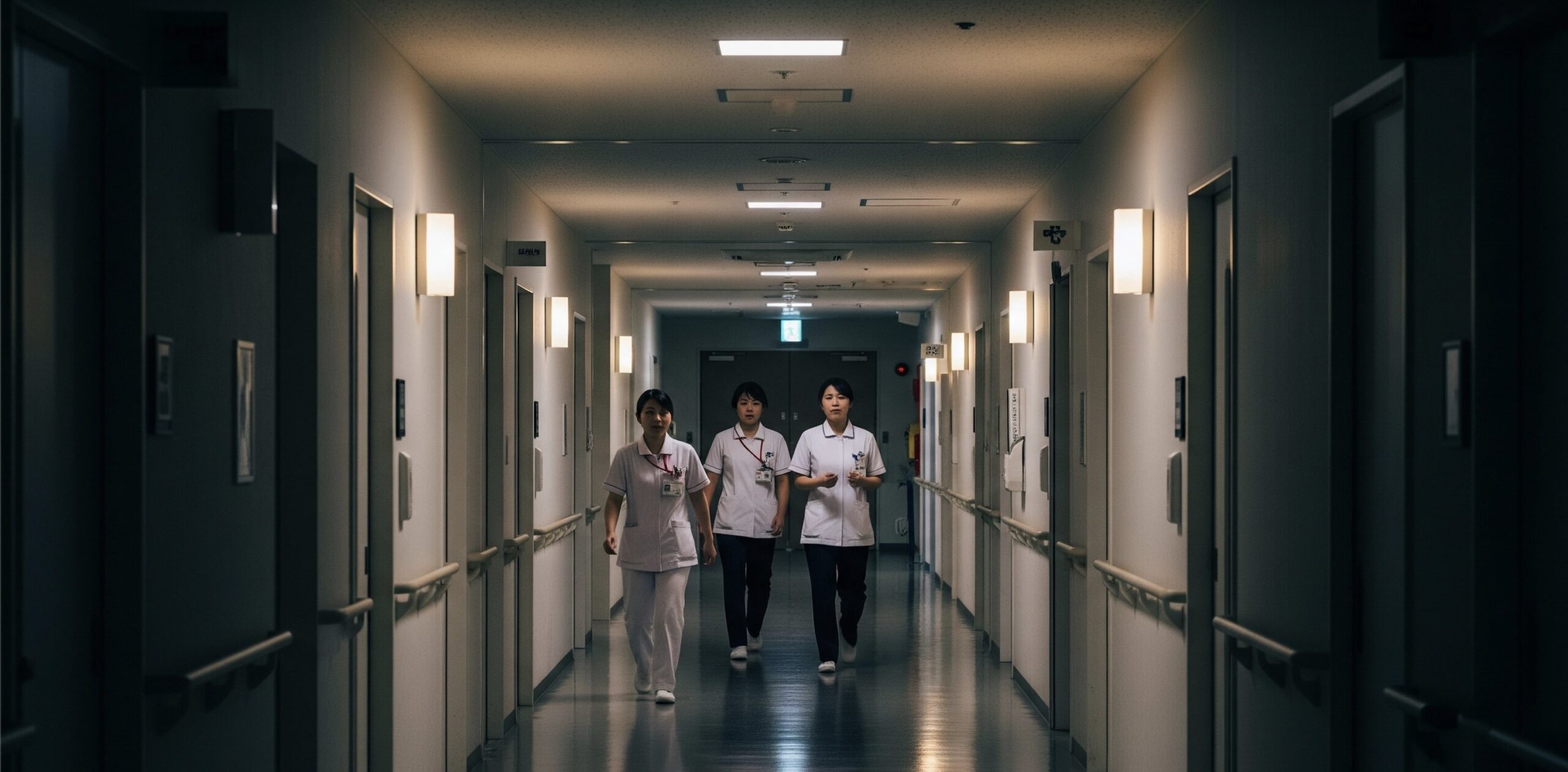 市民病院の薄暗い廊下を3名の看護師がこちらに向かって歩いてくる