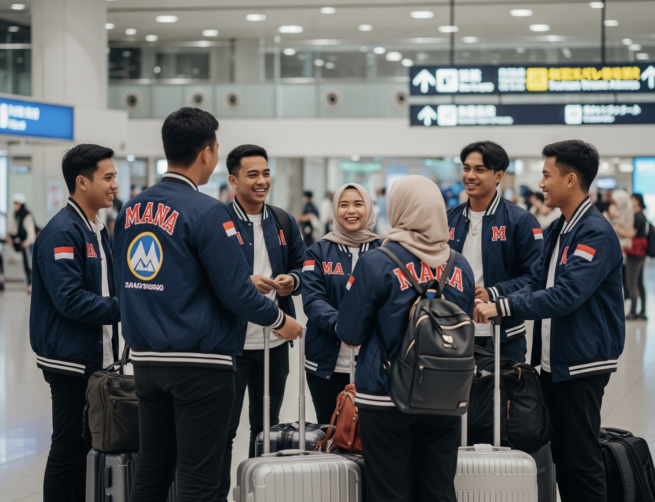 空港到着ロビーで談笑するインドネシア人青年男女7名