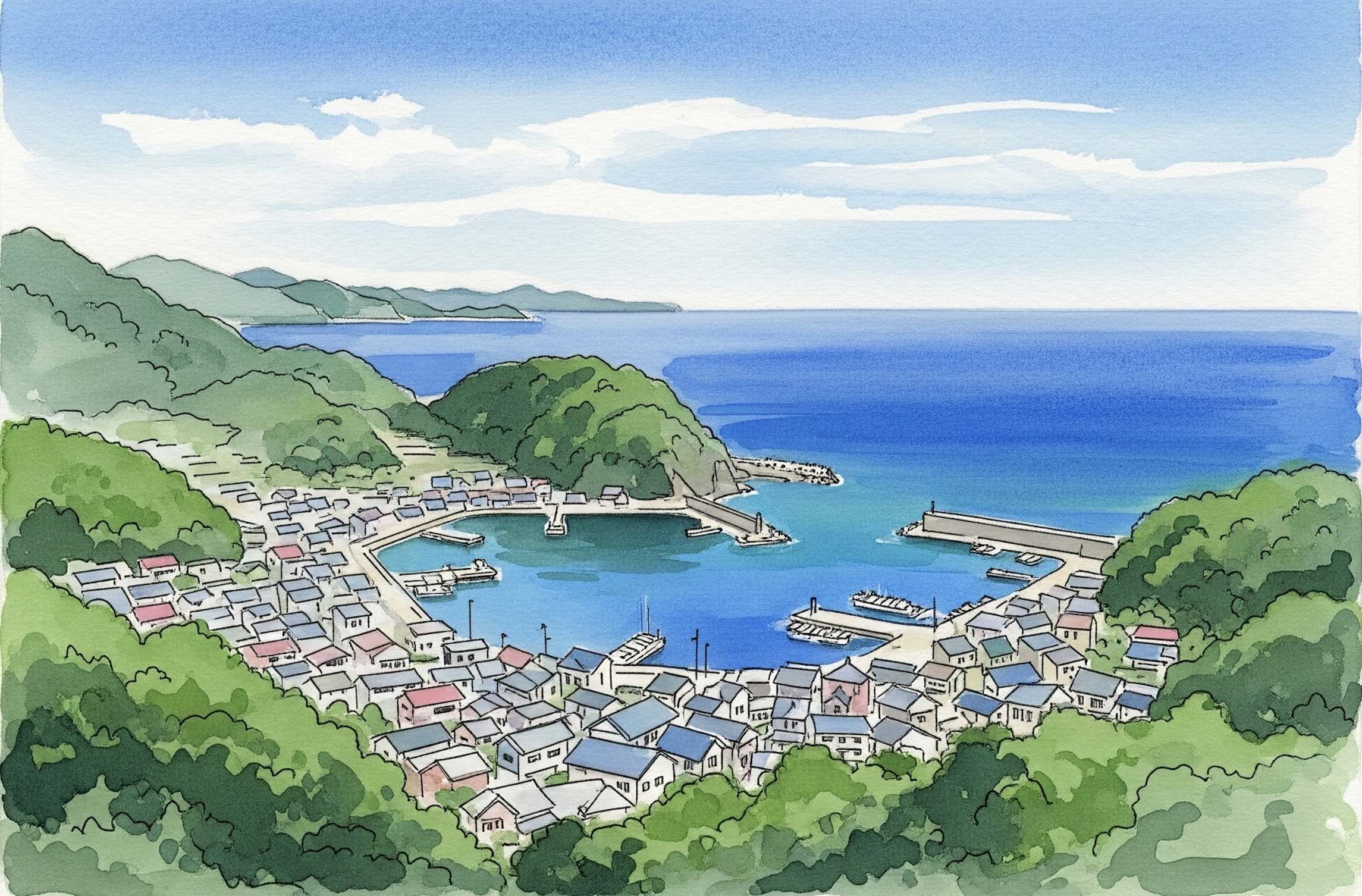 高知県の港町を描いた水彩画