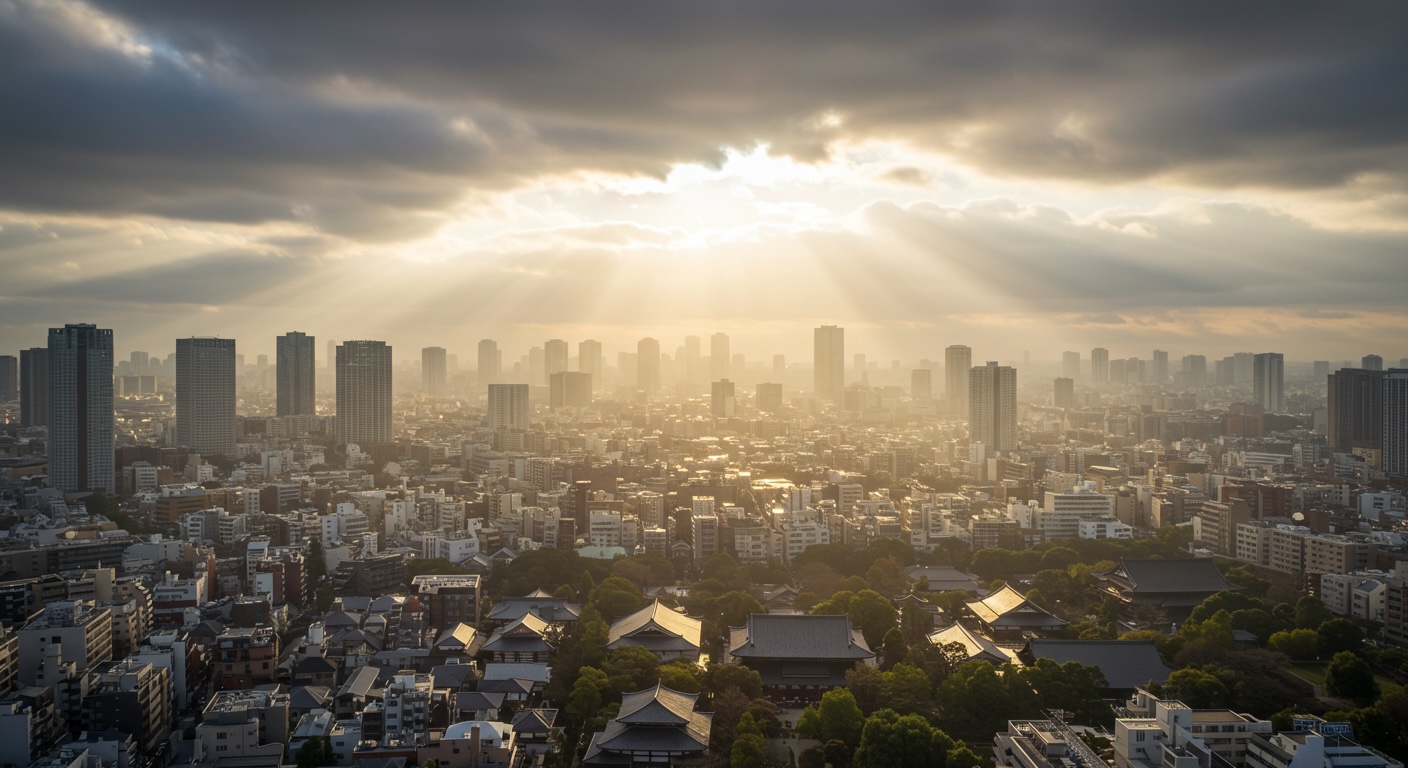 東京の夕景、雲間から日が射している
