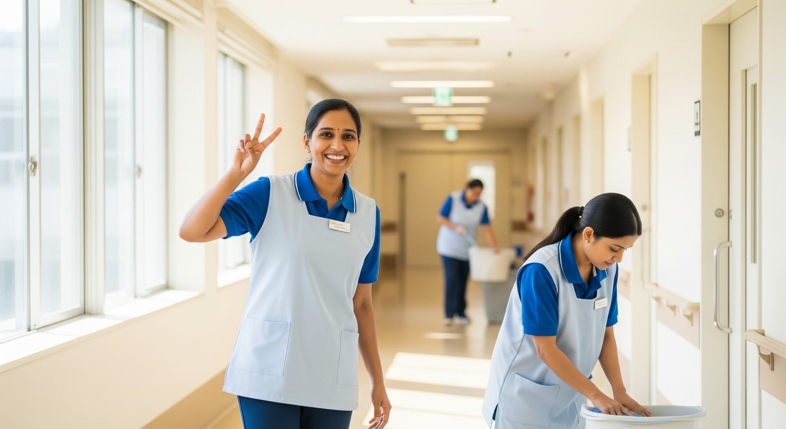 日本の病院の廊下で清掃に従事するインド人女性たち