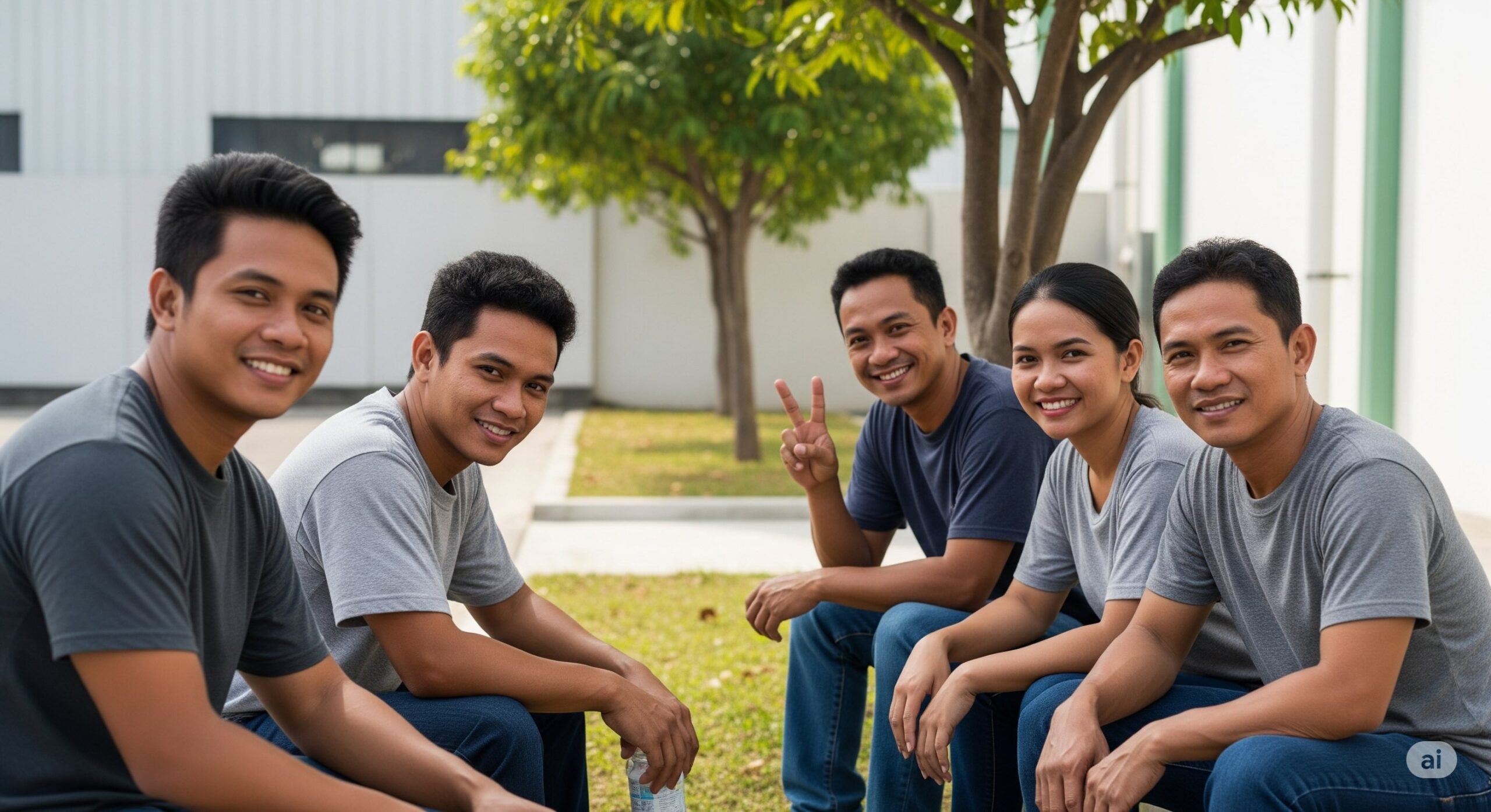 工場外で休憩するインドネシア人の青年たち5名