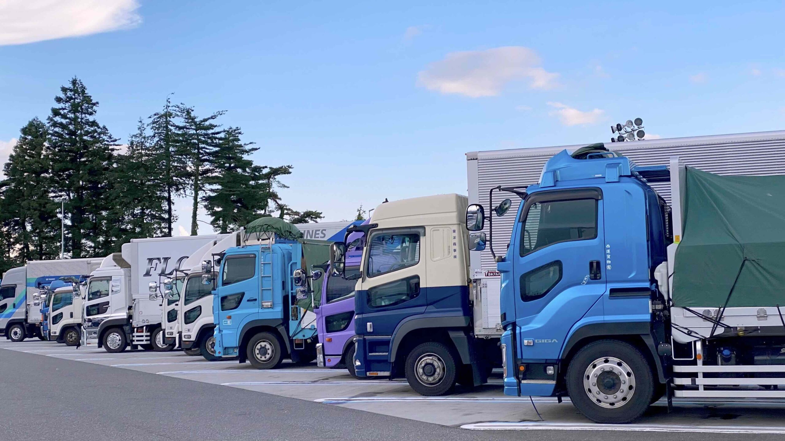 高速道路サービスエリアに整然と駐車された大型トラックの数々