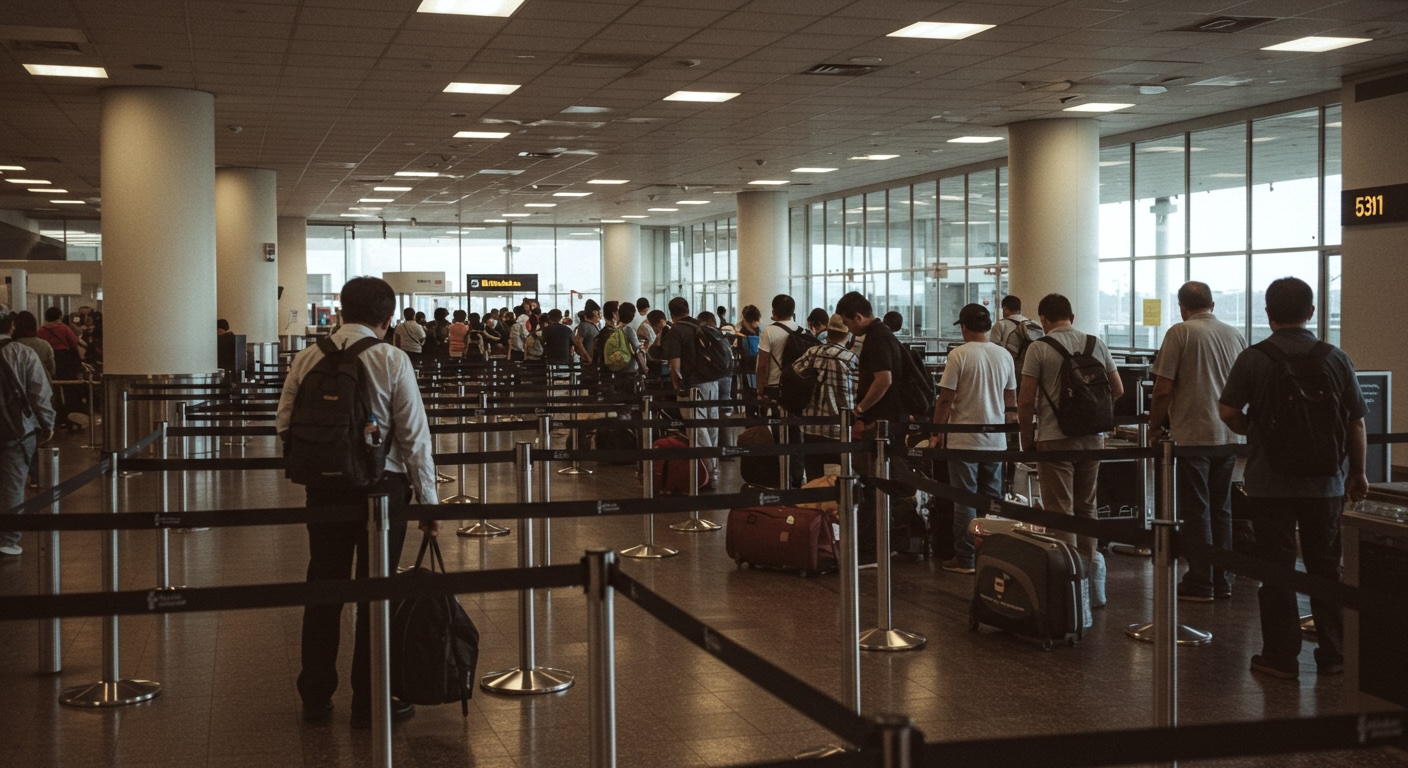 空港の出国ゲート、長蛇の列ができている