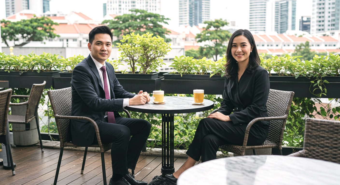 シンガポールのビジネス街で商談する男女
