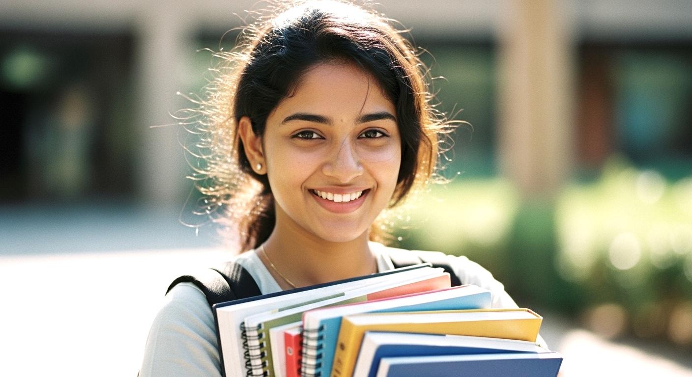 たくさんの本をもったインド人の学生
