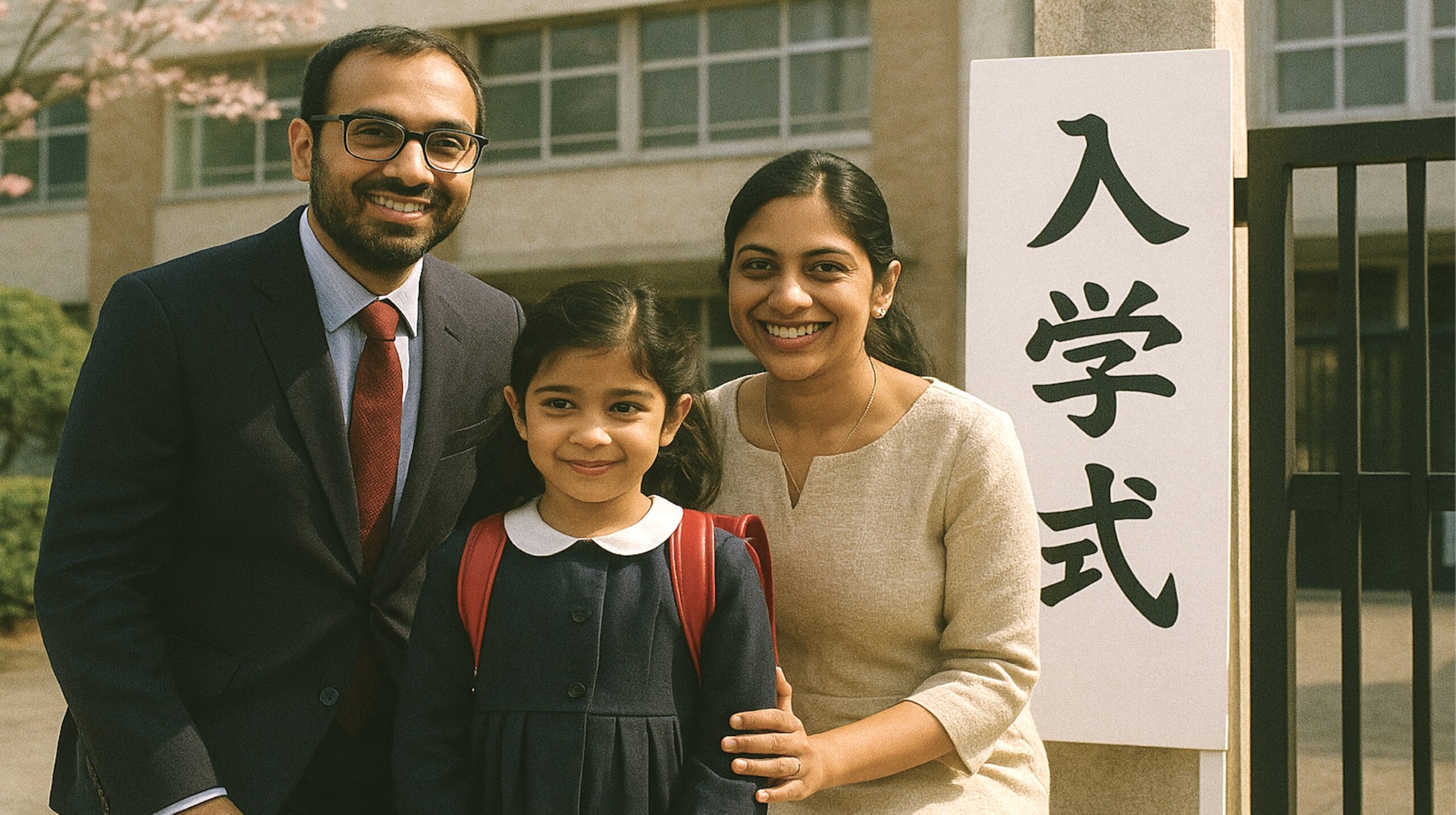 入学式で記念写真を撮るインド人親子