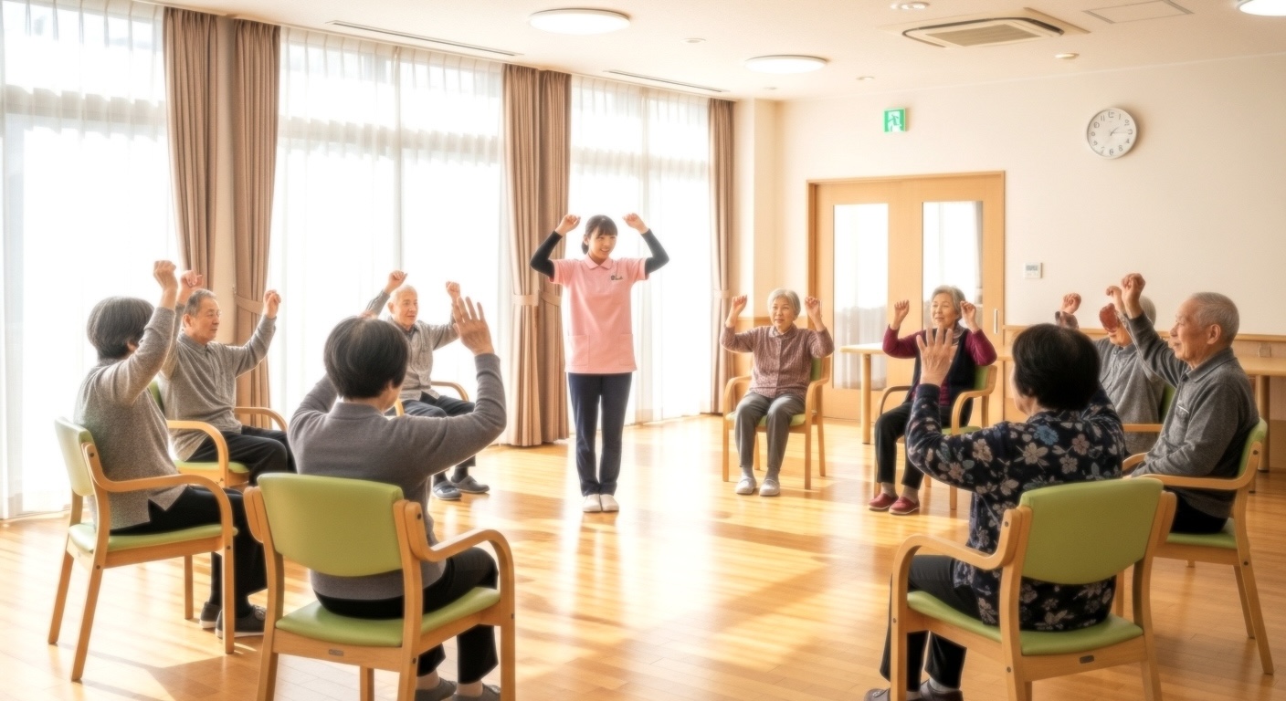 特別養護施設で利用者が職員の指導のもと体操に興じている