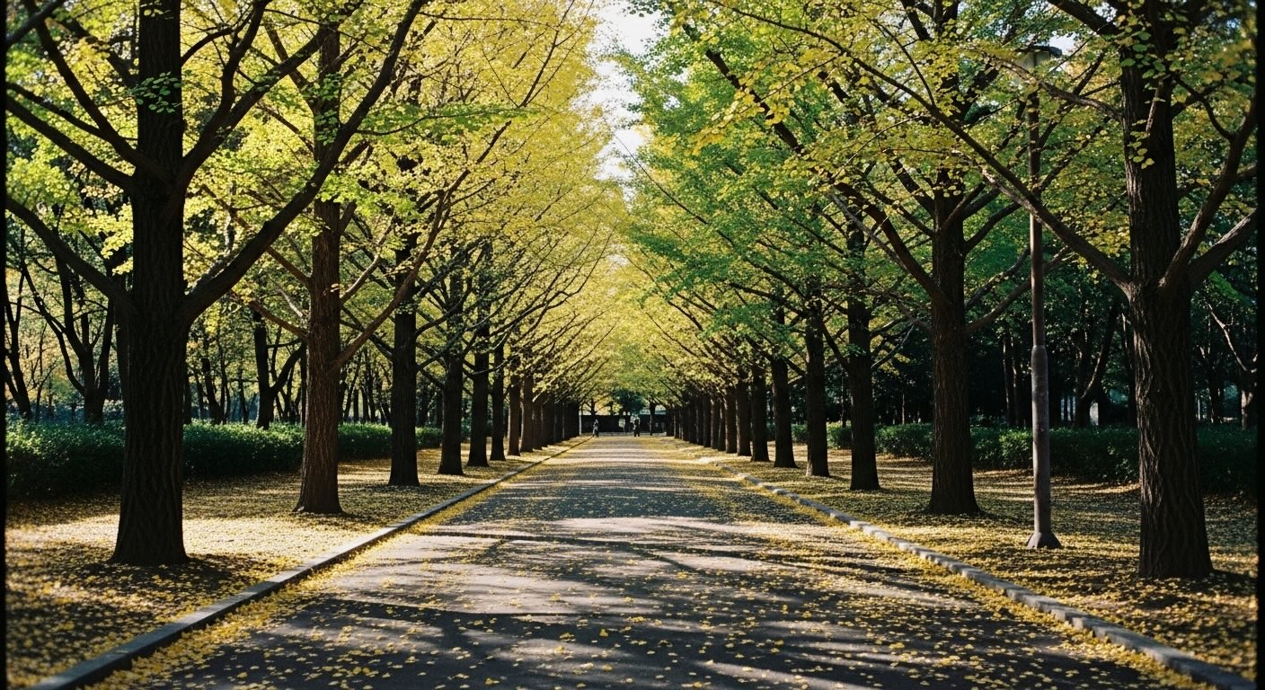 黄色く色づき始めた銀杏並木