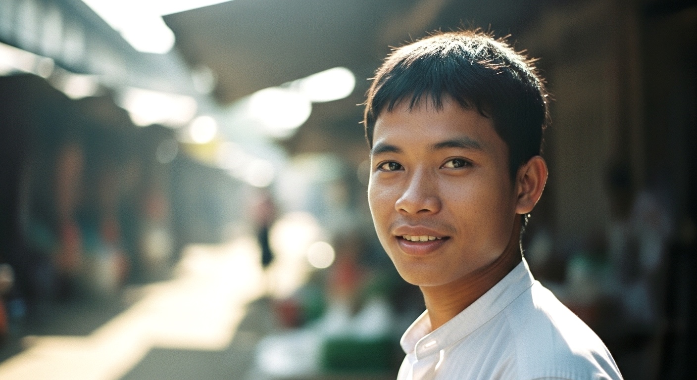 ミャンマー人男性がこちらをみて微笑んでいる