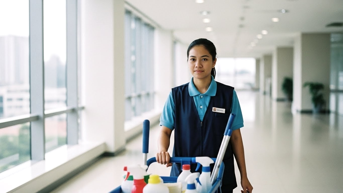 ビルクリーニングに従事するフィリピン人女性