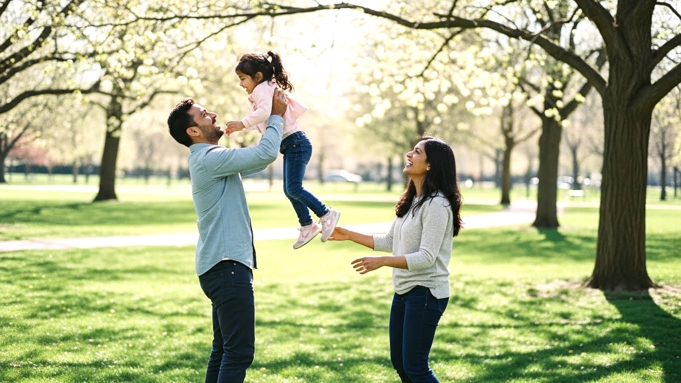 公園で遊ぶ若いネパール人親子