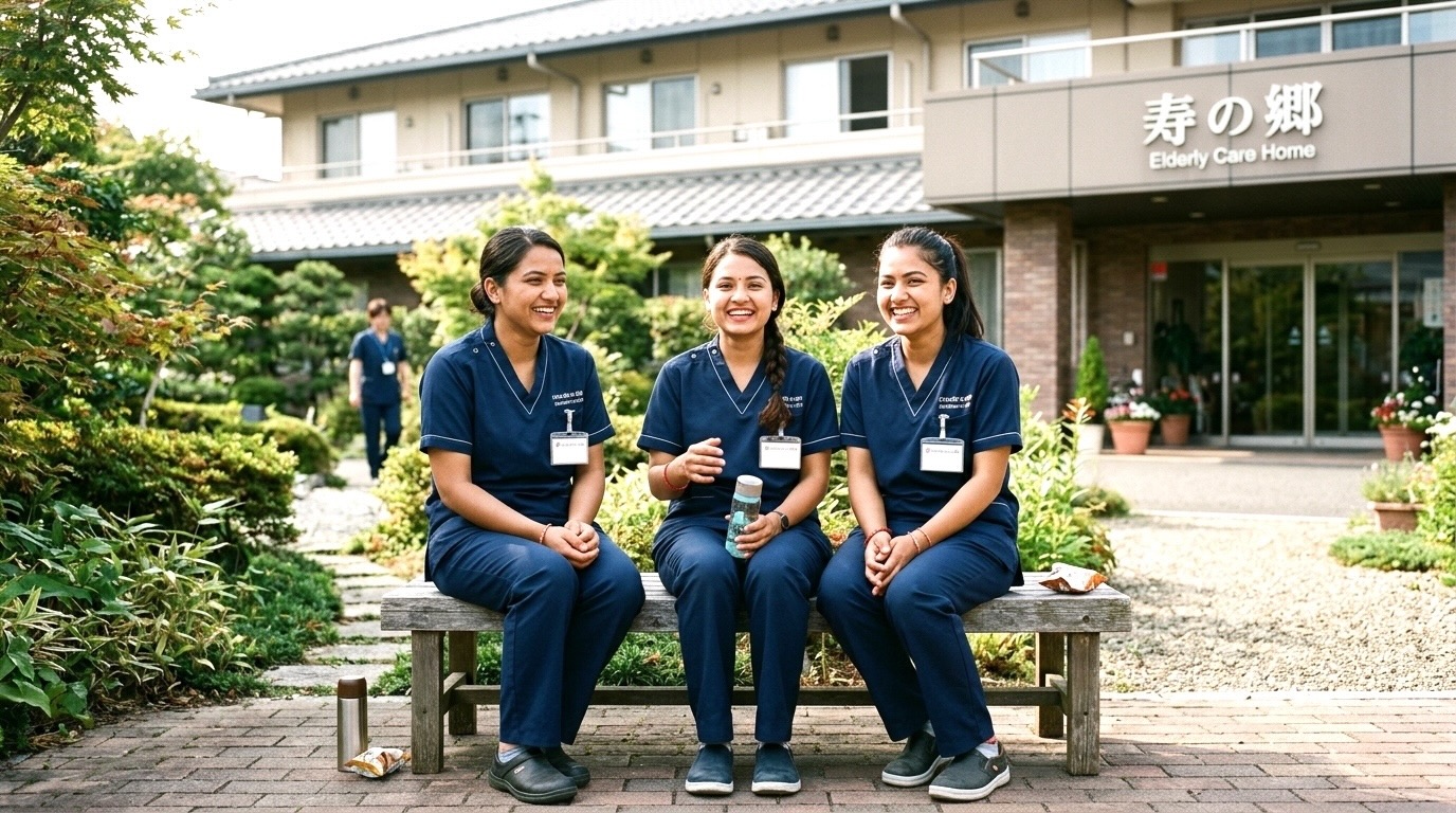 ネパール人介護職員が休憩時間に談笑している